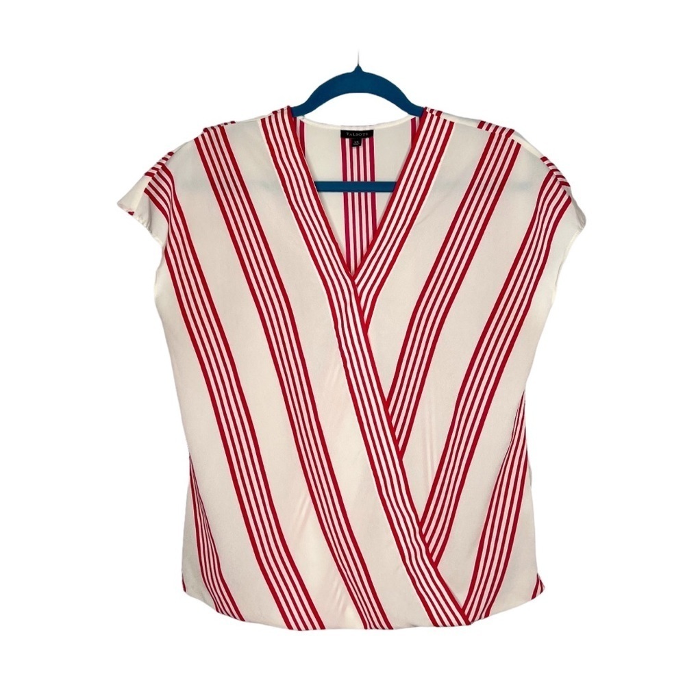 Talbots Ivory & Red Striped Crossover Cap Sleeve Blouse